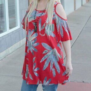 Red Orange Feather Cold Drop Shoulder Tunic Shirt